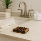 Eco-friendly wooden soap dish with slats to keep soap dry, styled on a bathroom countertop near towels and a sink faucet.