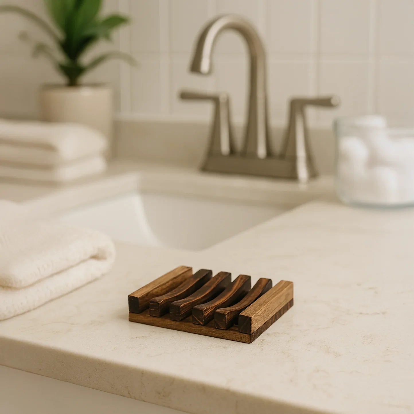 Eco-friendly wooden soap dish with slats to keep soap dry, styled on a bathroom countertop near towels and a sink faucet.