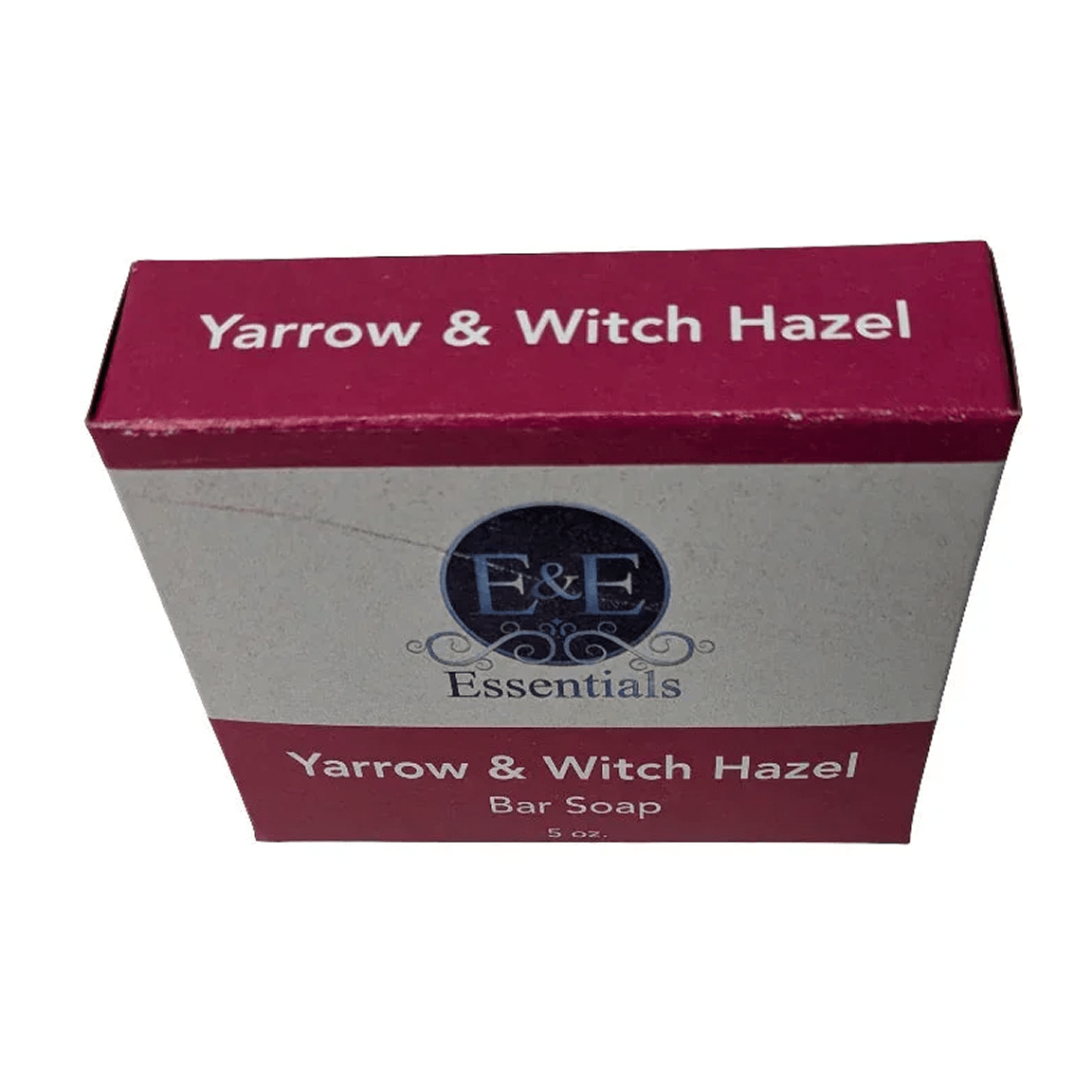 E &amp; E Essentials Yarrow &amp; Witch Hazel Facial Soap bar box, Black-owned skincare packaging, white background