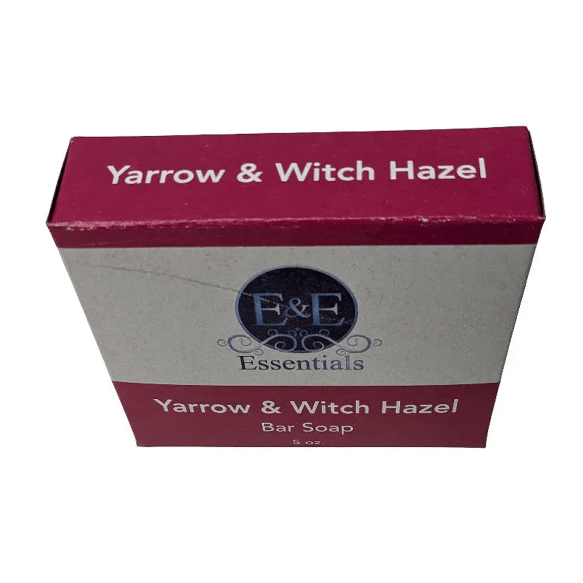 Box packaging for Yarrow &amp; Witch Hazel Facial Bar Soap from E &amp; E Essentials, organic ingredients, white background