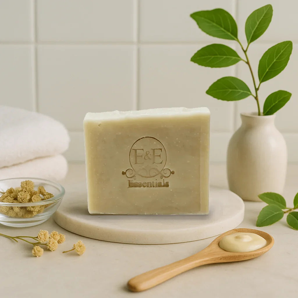 Yarrow & Witch Hazel facial soap bar on marble tray with wooden spoon and natural botanicals for gentle, moisturizing skincare