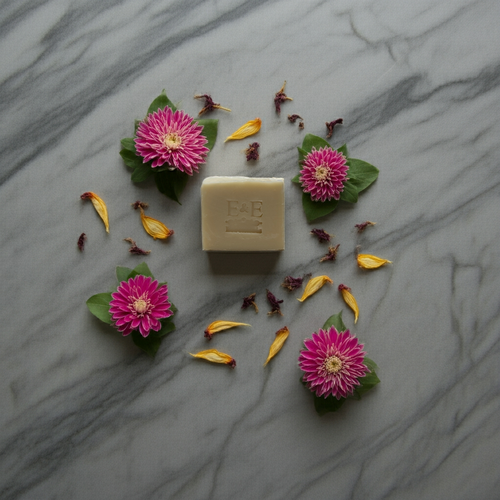 Bar of soap with pink flowers and yellow petals on a marble surface