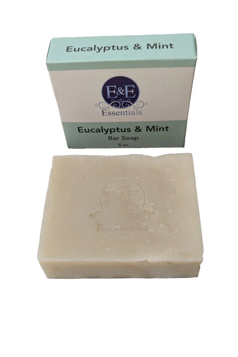 Eucalyptus & Mint Bar Soap for sensitive skin, natural and moisturizing, in packaging.
