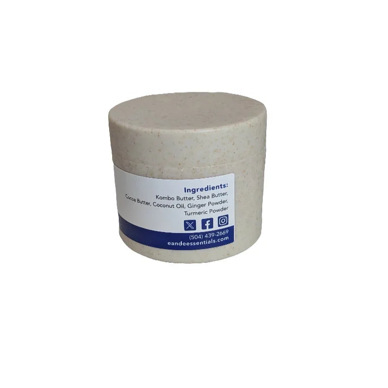 Muscle Relief Body Butter container showing ingredient label, featuring Kombo Butter, Shea Butter, Cocoa Butter, Ginger Powder, and Turmeric Powder.