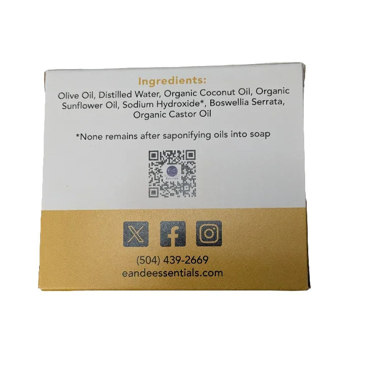 Frankincense Bar Soap ingredients label showing natural oils and contact information.