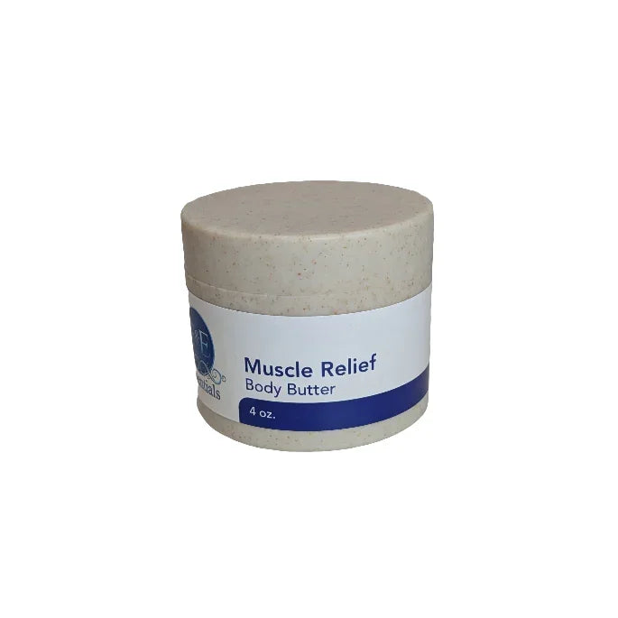 Muscle Relief Body Butter jar with natural ingredients for sore muscle relief and skin hydration.