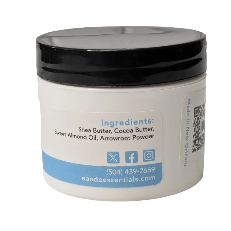 Unscented body butter container with ingredients listed, ideal for sensitive and dry skin, providing deep hydration.