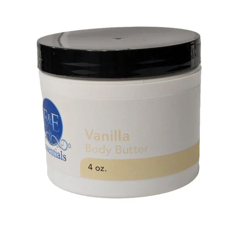 Whipped vanilla body butter in 4 oz container, ideal for deep hydration and sensitive skin care.