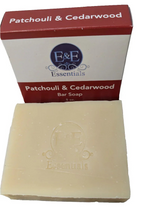 Patchouli & Cedarwood moisturizing bar soap with packaging, ideal for sensitive skin.