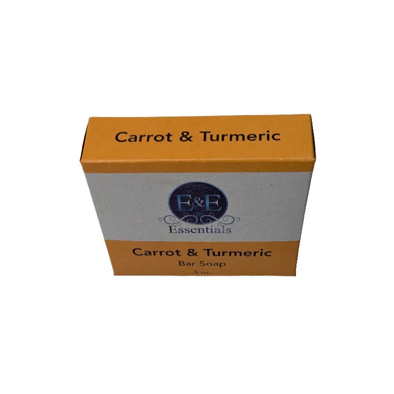 Carrot & Turmeric Bar Soap in packaging, powerful turmeric soap for fading acne scars and reducing hyperpigmentation.