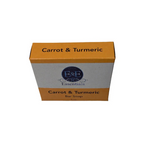 Carrot & Turmeric Bar Soap in packaging, powerful turmeric soap for fading acne scars and reducing hyperpigmentation.