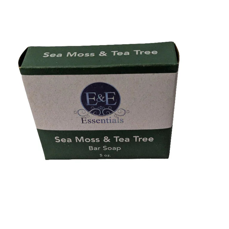 Sea Moss & Tea Tree Bar Soap in green and beige packaging, promotes clear skin and hydration.