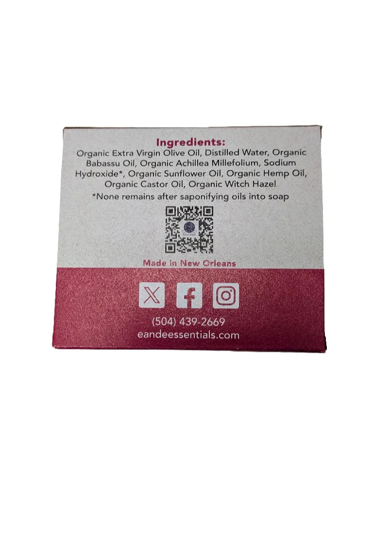 Yarrow & Witch Hazel Facial Soap packaging with ingredient details and contact information.