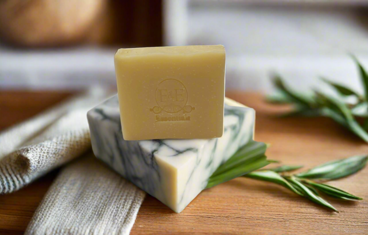 Lemongrass bar soap adorned with a fresh lemongrass stalk on top