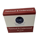 Patchouli & Cedarwood Bar Soap packaging with moisturizing benefits for dry sensitive skin.