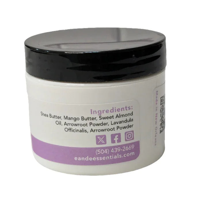 Lavender Whipped Body Butter jar with ingredients label.