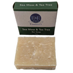 Sea Moss & Tea Tree Bar Soap in packaging, natural skincare product for sensitive skin.