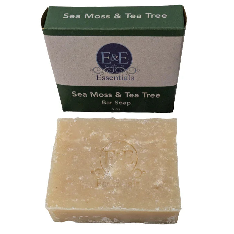 Sea Moss & Tea Tree Bar Soap in packaging, natural skincare product for sensitive skin.