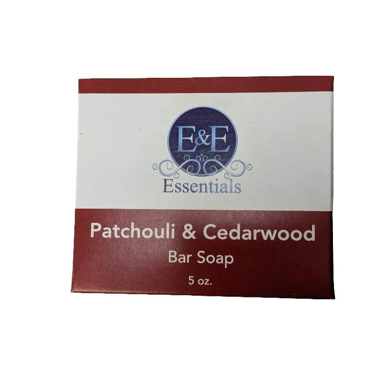 Patchouli & Cedarwood bar soap packaging with moisturizing benefits for dry, sensitive skin.
