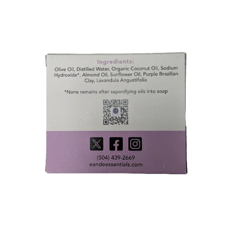 Lavender bar soap packaging with ingredients and contact details.