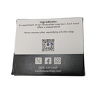 Eco-friendly and handmade Confetti Soap package with social media icons and QR code.