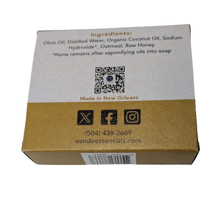 Oatmeal & Honey Bar Soap package with ingredients label.
