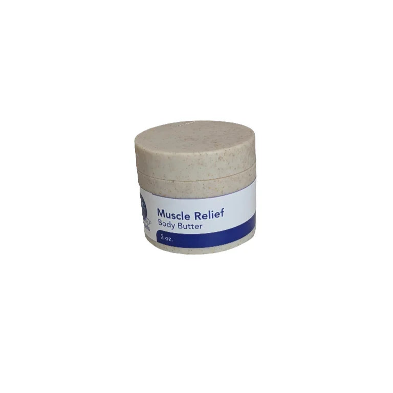 Muscle Relief Body Butter jar with natural ingredients for soothing sore muscles and hydrating skin.