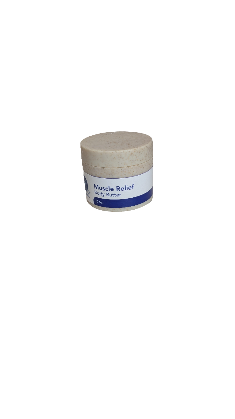 Muscle Relief Body Butter jar with natural ingredients for soothing sore muscles and hydrating skin.