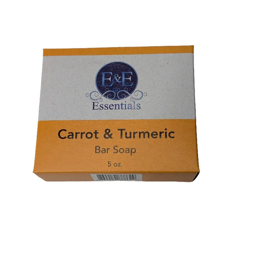 Carrot & Turmeric Bar Soap packaging with beige and orange design embossed with E&E Essentials logo.