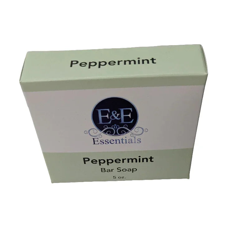 Peppermint bar soap packaging with E&E Essentials branding.