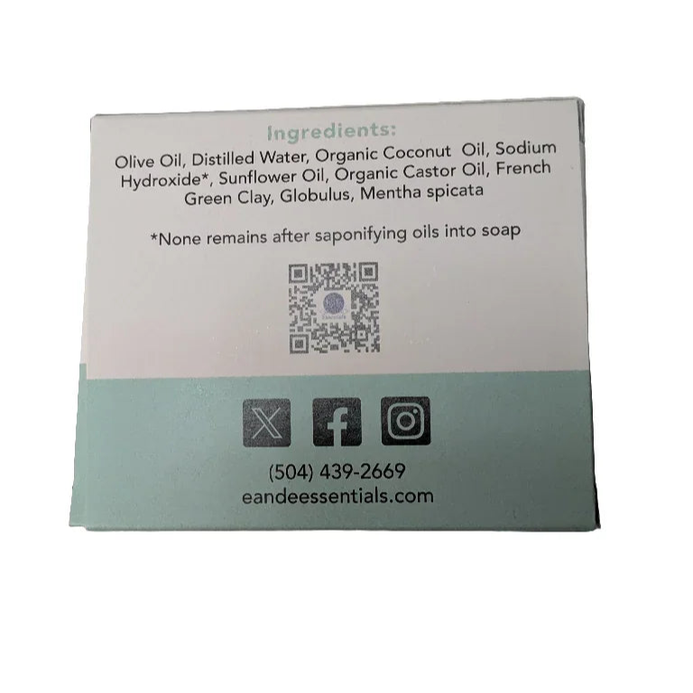 Eucalyptus & Mint Bar Soap packaging with ingredient list, ideal for sensitive skin.