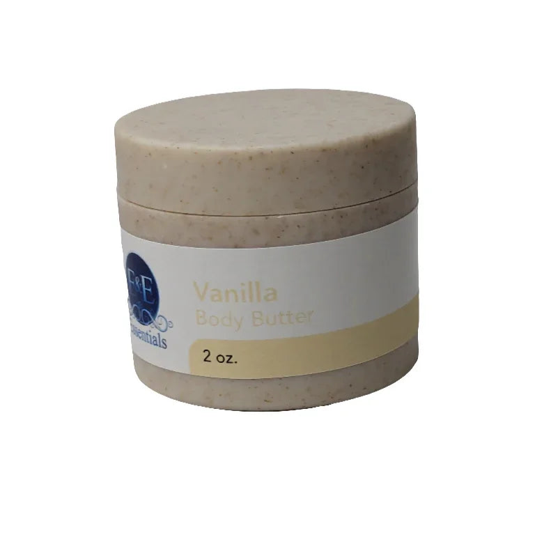 Vanilla body butter jar with nourishing whipped formula for sensitive skin.