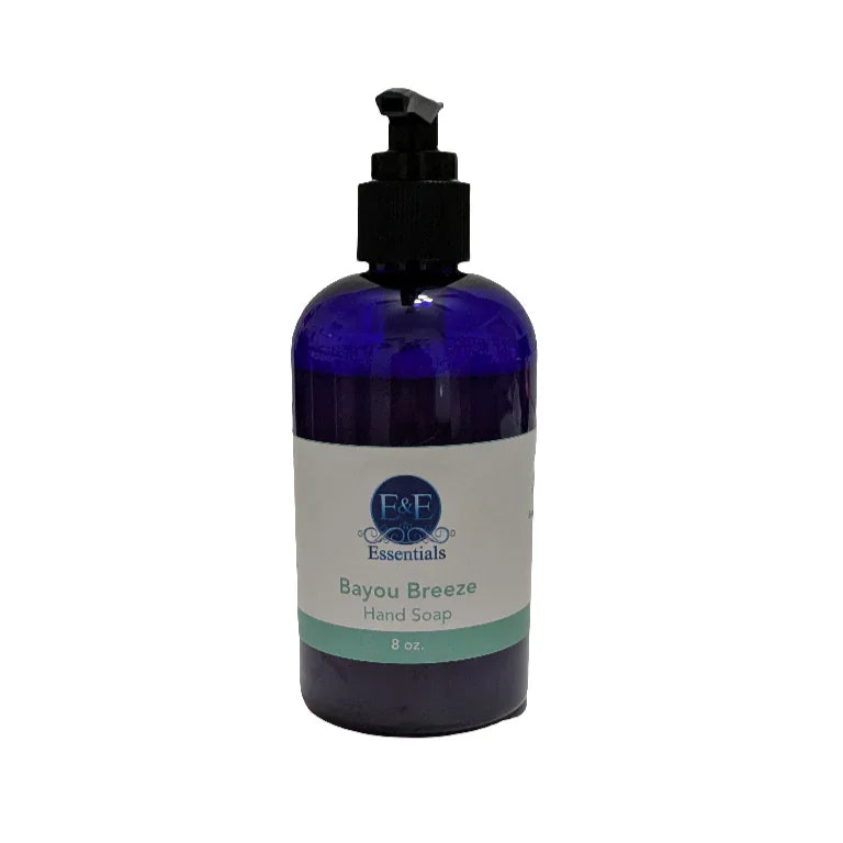 Bayou Breeze Hand Soap in blue pump bottle with label.