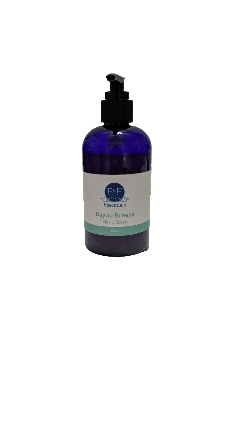 Bayou Breeze Hand Soap in blue pump bottle with label.