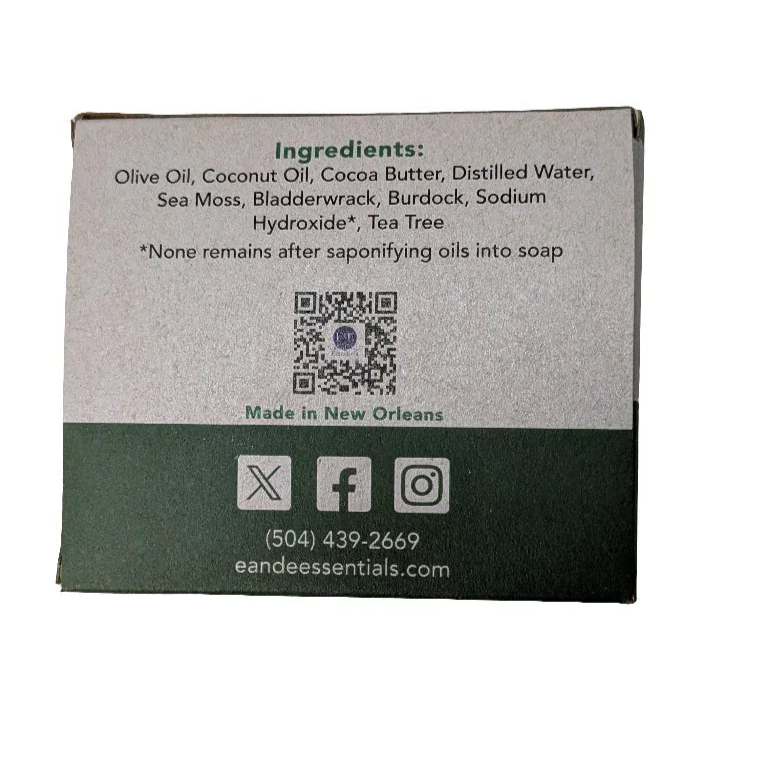 Sea Moss & Tea Tree Bar Soap packaging with ingredients list and contact information.