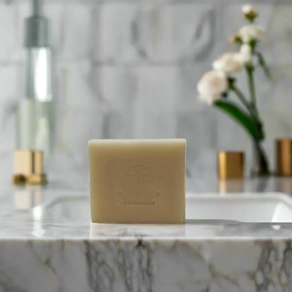 Frankincense Bar Soap on marble counter, designed for sensitive skin and deep hydration.