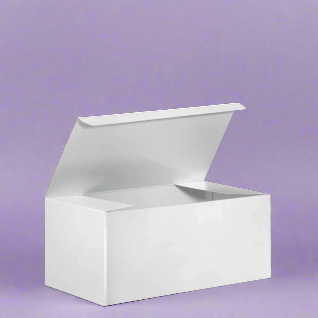 White gift box placed on a sheet of purple wrapping paper