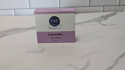 Lavender bar soap in its packaging on a countertop