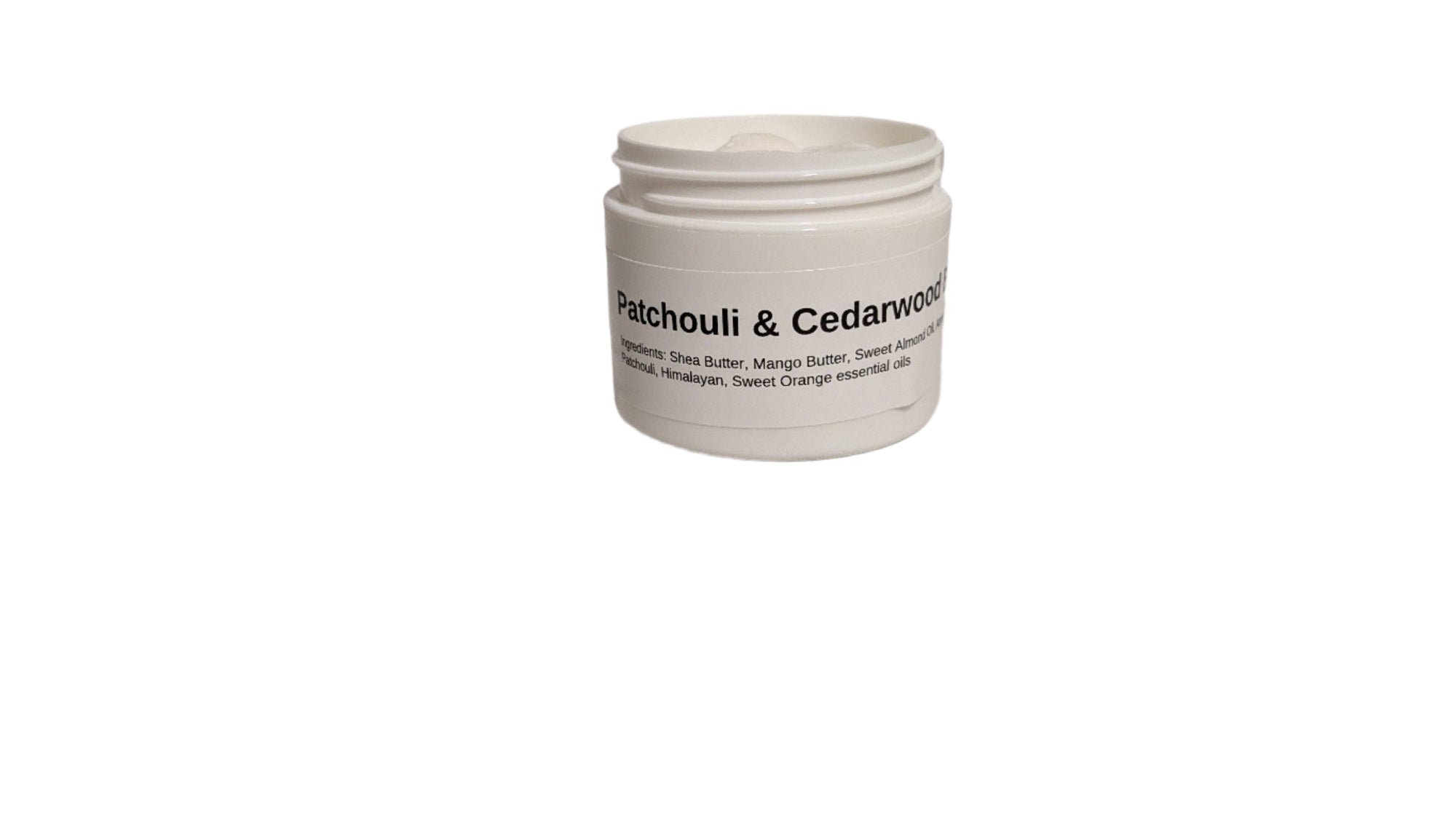 Patchouli &amp; Cedarwood Body Butter jar against a white backdrop