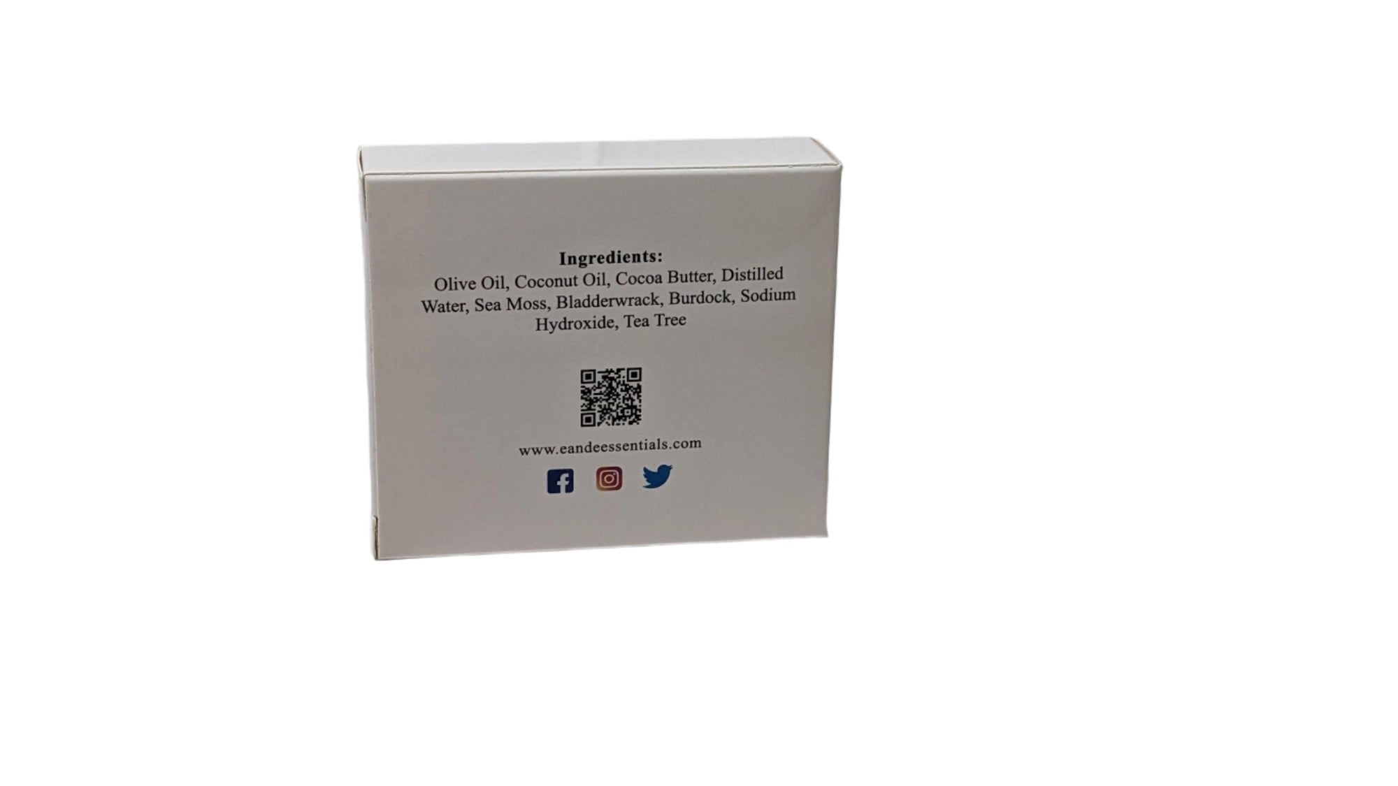 Packaging of Sea Moss & Tea Tree Bar Soap featuring a QR code