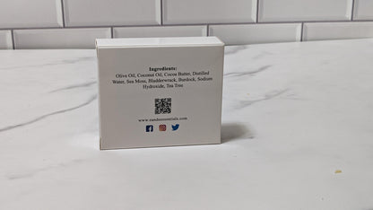 Packaging of Sea Moss & Tea Tree Bar Soap with a QR code