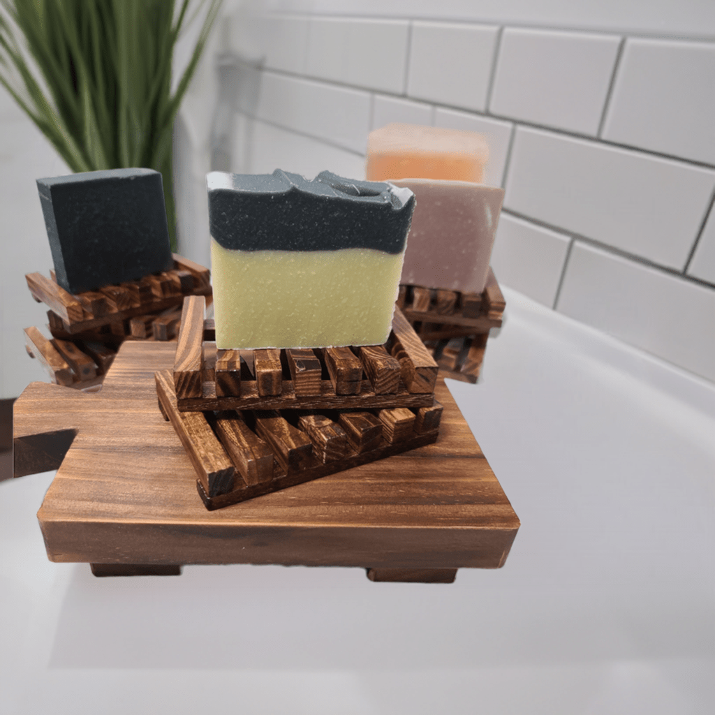 Wooden soap dish displayed in a bathroom setting