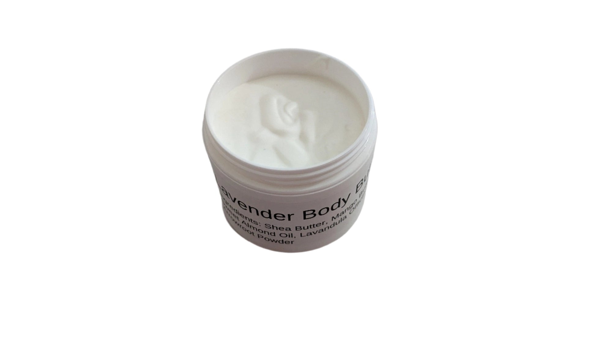 Opened container of Lavender Body Butter on a marble surface