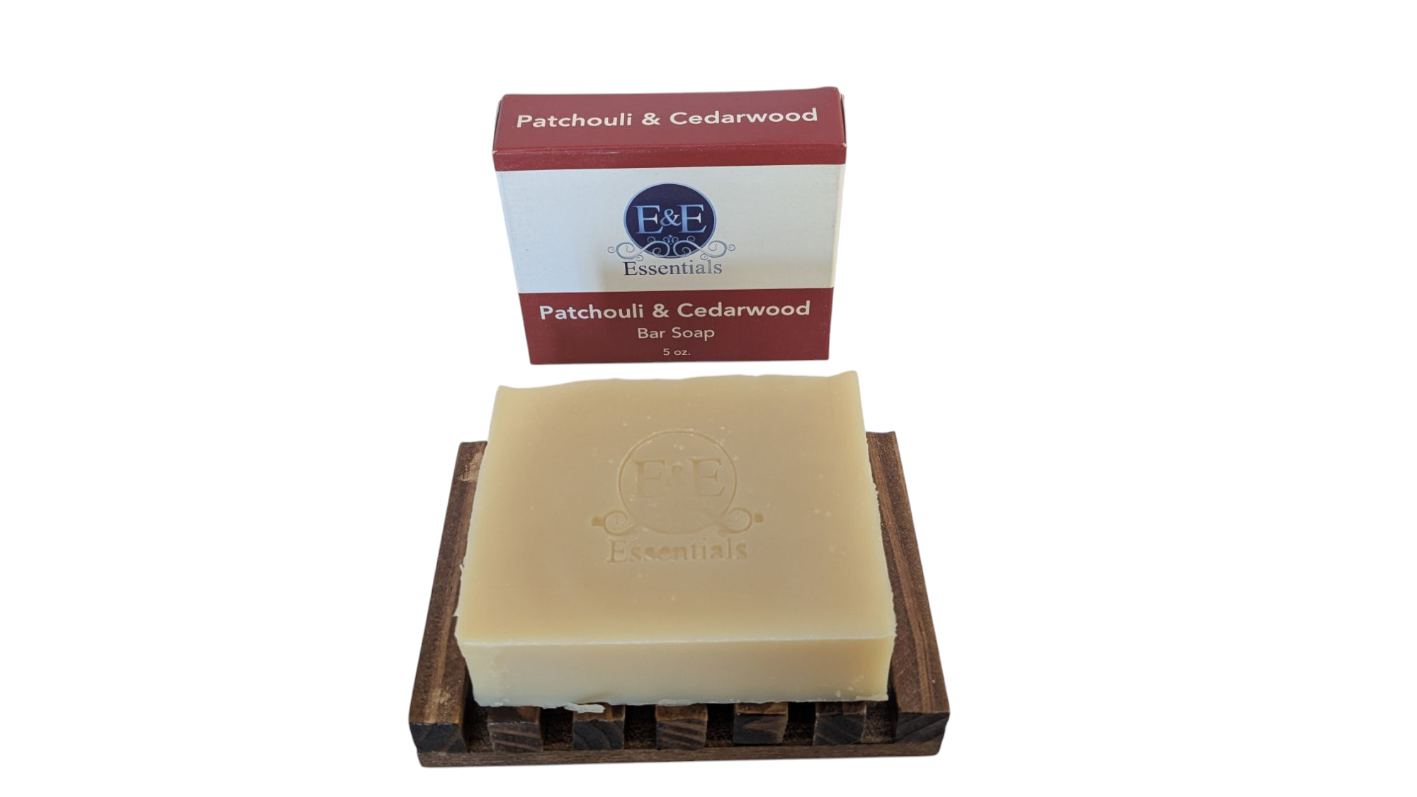 Patchouli & Cedarwood bar soap displayed on a wooden dish