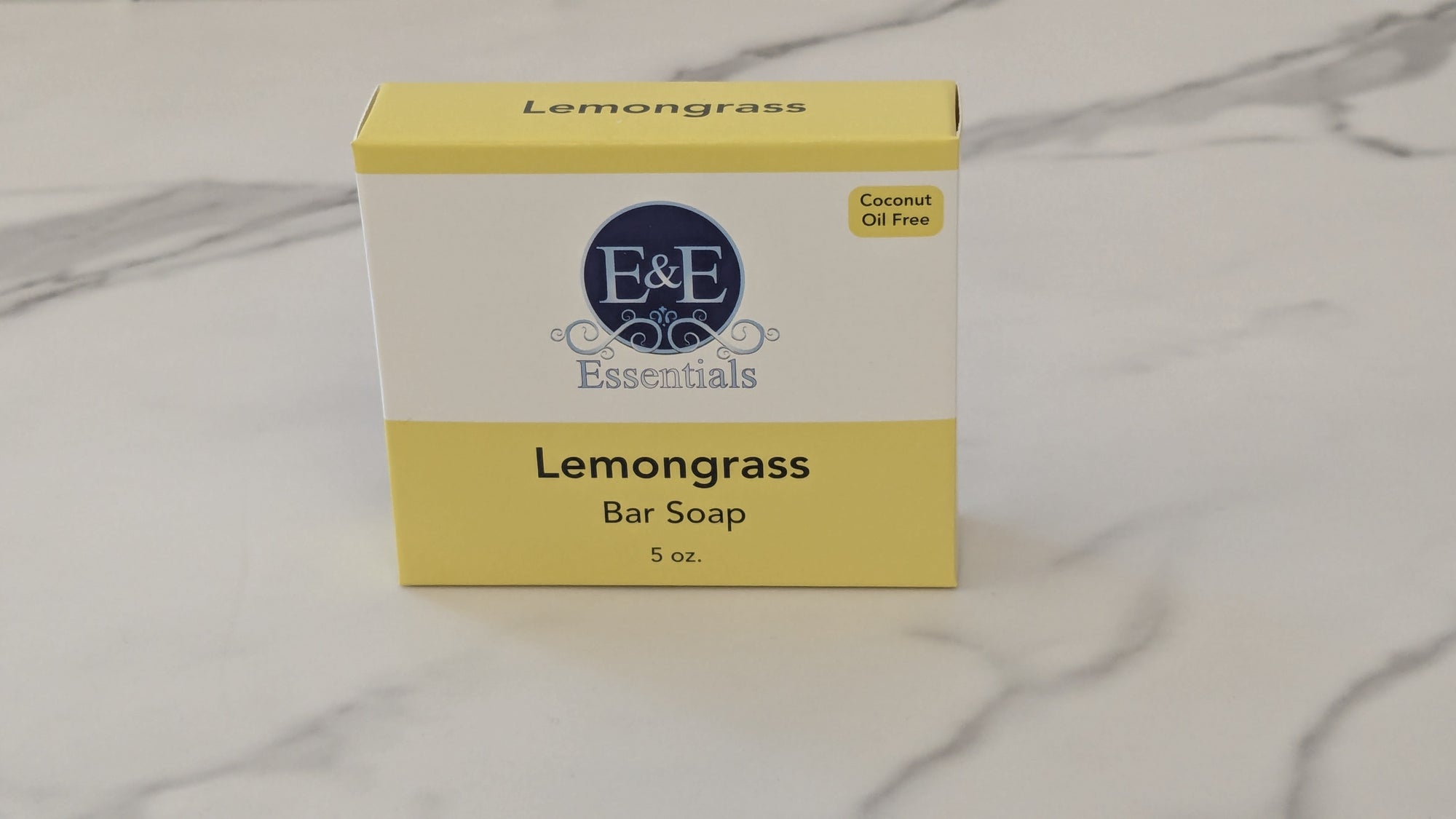 E&E Essentials Lemongrass Bar Soap packaging on a marble surface