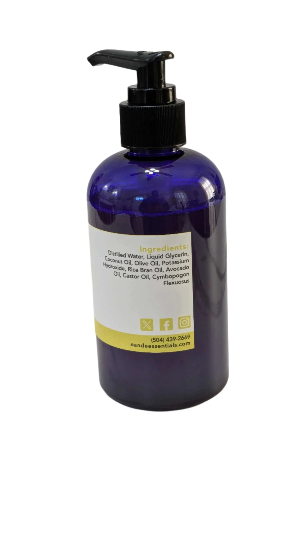Lemongrass Liquid Hand Soap in blue bottle with pump, natural ingredients label.