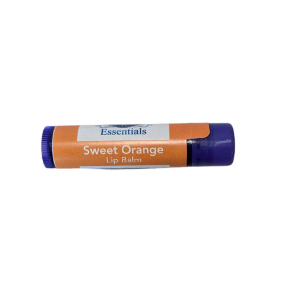 Sweet Orange Lip Balm tube with purple cap and moisturizing ingredients.