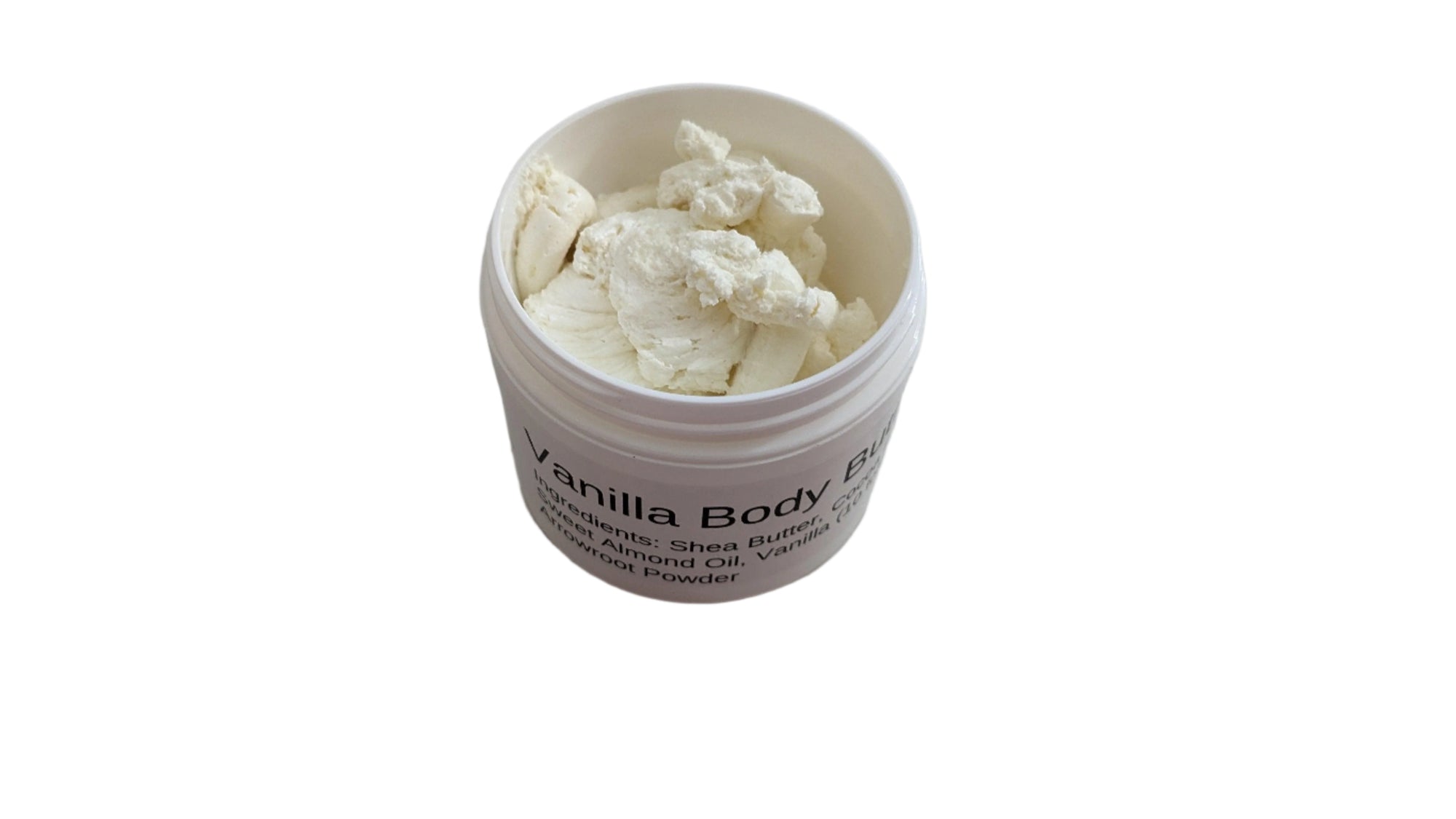 Creamy vanilla body butter in a jar positioned on marble countertop